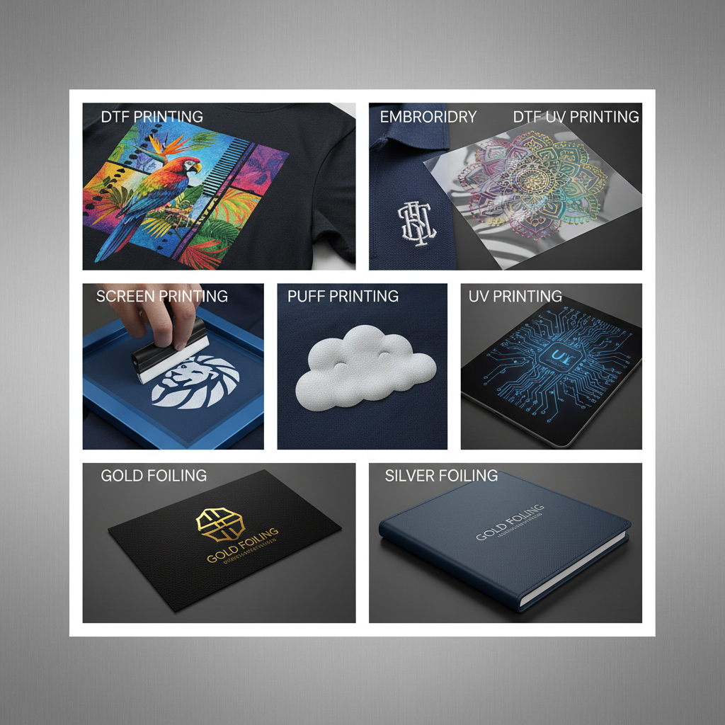 a collage of all kind of printing like DTF printing,Screen printing , embroidery, puff printing , dtf uv print, uvprinting , gold foiling and silver foiling for a website size should be 2000x2000