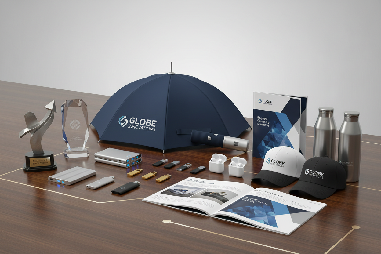 Generate another Corporate gift Supplier image with Umbrella, Gadgets, Brouchers, caps,sipper bottles, awards 