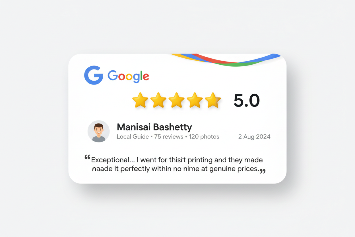 google card review 
Manisai Bashetty
Local Guide • 75 reviews • 120 photos
starstarstarstarstar 2 Aug 2024
Exceptional… I went for tshirt printing and they made it perfectly within no time at genuine prices.